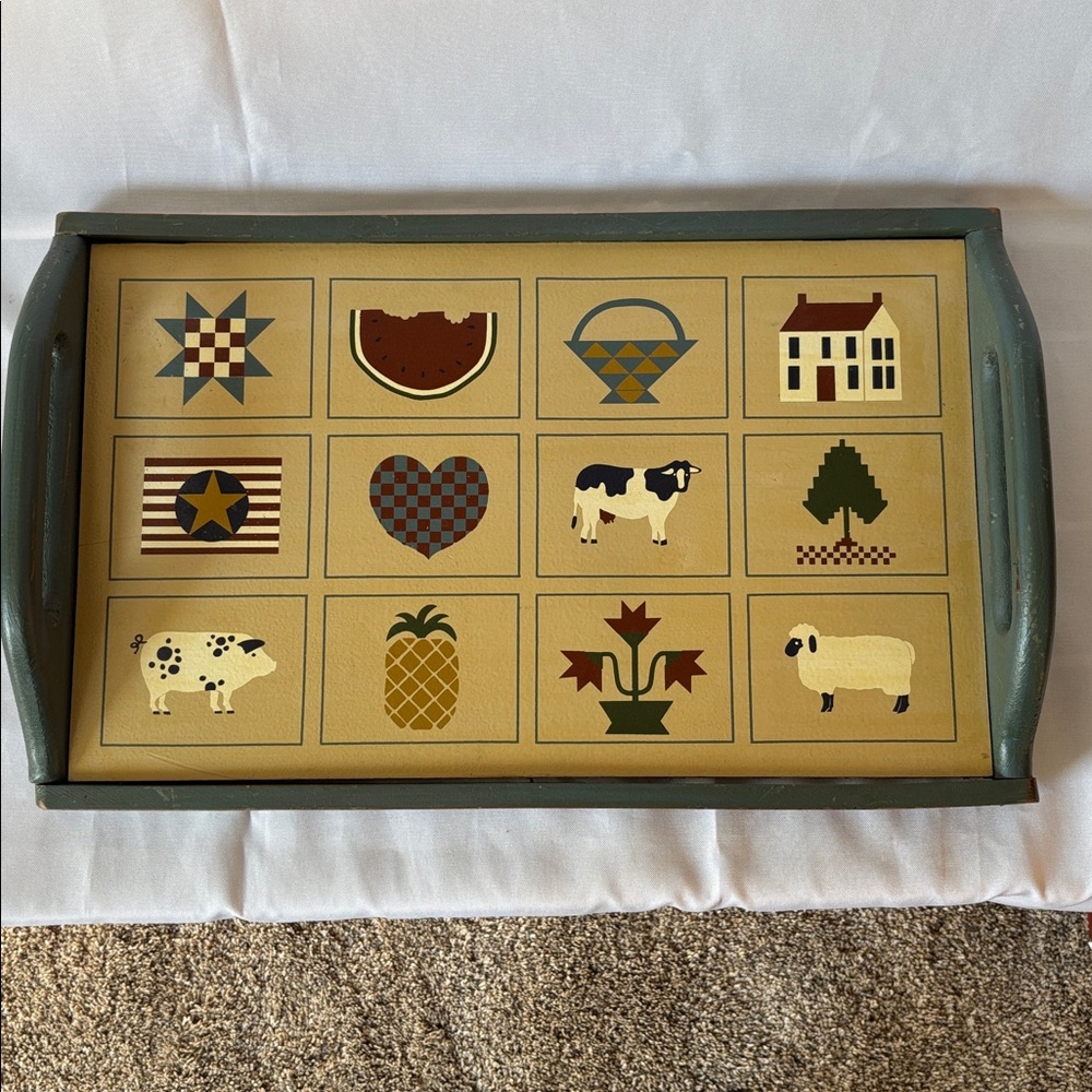 Vintage Folk Art Wood Stenciled Serving Tray/Wall Art